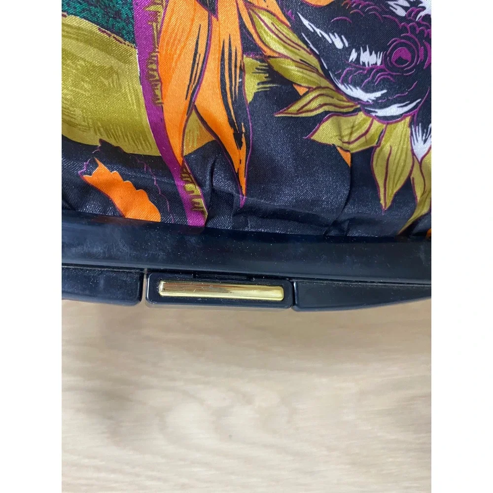 Vintage 70s 80s Tropical Floral Satin Clutch Bag Black Orange Hibiscus Tiki